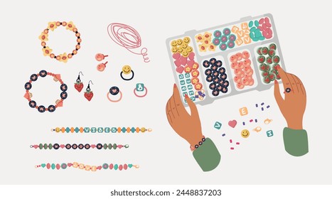 DIY Concept. Hand Making Accessories, Beaded Jewelry Organizer Box. Earring, bracelet, ring. Vector illustration svg