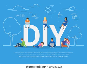 DIY concept vector illustration of young people using devices for watching tutorials and life hacks. Do it yourself flat concept of men and women using laptop for watching creative video blogs