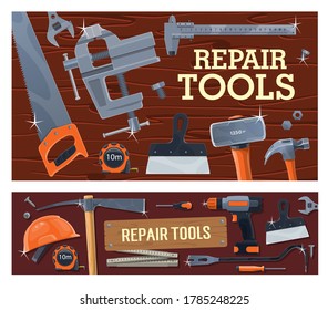 DIY construction tools, repair and building carpentry equipment, vector hardware. Woodwork and masonry building work tools, hammer, drill and screwdriver, saw and vise, measure tape and wrench