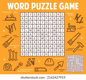 DIY and construction tools word search puzzle game worksheet. Child quiz grid, logical puzzle or children game with thin line vector construction equipment. Finding words kids educational riddle