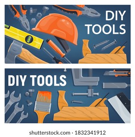 DIY and construction, woodworking tools vector. Pliers and wrench, bulb level and ax, screwdriver, helmet and hand jigsaw, paint brush and taping knife, chisel and vise. DIY tools and equipment