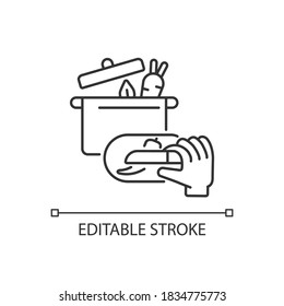 DIY cooking linear icon. Homemade food recipe. Prepare vegetarian soup. Cafe meal. Family cooking. Thin line customizable illustration. Contour symbol. Vector isolated outline drawing. Editable stroke