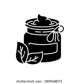 DIY cosmetics black glyph icon. Eco friendly and homemade beauty products silhouette symbol on white space. Jar with organic moisturizing cream, natural herbal lotion vector isolated illustration