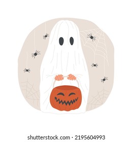 DIY costumes isolated cartoon vector illustration. Young kid wearing ghost costume and holding pumpkin in hands, public holiday celebration, Halloween atmosphere spirit vector cartoon.