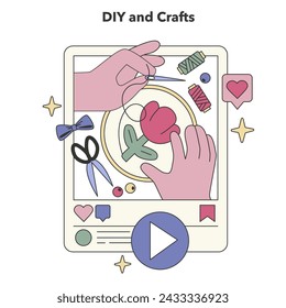 DIY and Crafts concept. Handmade projects and creative arts tutorials online. Crafting inspiration, artistry showcase, hobby enthusiasm. Flat vector illustration