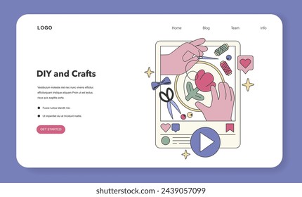 DIY and Crafts concept. Handmade projects and creative arts tutorials online. Crafting inspiration, artistry showcase, hobby enthusiasm. Flat vector illustration