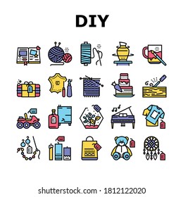 Diy Crafts Handmade Collection Icons Set Vector. Diy Crafts Soap And Clothes, Alcohol Drinks And Candles, Toys And Cake, Sewing And Knitting Color Contour Illustrations