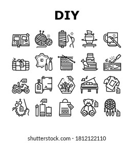 Diy Crafts Handmade Collection Icons Set Vector. Diy Crafts Soap And Clothes, Alcohol Drinks And Candles, Toys And Cake, Sewing And Knitting Black Contour Illustrations