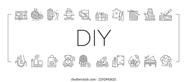 Diy Crafts Handmade Collection Icons Set Vector. Diy Crafts Soap And Clothes, Alcohol Drinks And Candles, Toys And Cake, Sewing And Knitting Black Contour Illustrations