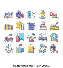 Diy Crafts Manual Collection Icons Set Vector. Jabón Y Ropa De Artesanías Diy, Bebidas Y Velas Alcohólicas, Juguetes Y Pasteles, Costura Y Tejido De Cuchillo Ilustraciones De Color