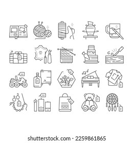 Diy Crafts Handmade Collection Icons Set Vector. Diy Crafts Soap And Clothes, Alcohol Drinks And Candles, Toys And Cake, Sewing And Knitting Black Contour Illustrations