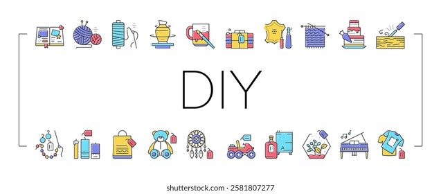 Diy Crafts Handmade Collection Icons Set Vector. Diy Crafts Soap And Clothes, Alcohol Drinks And Candles, Toys And Cake, Sewing And Knitting Color Contour Illustrations