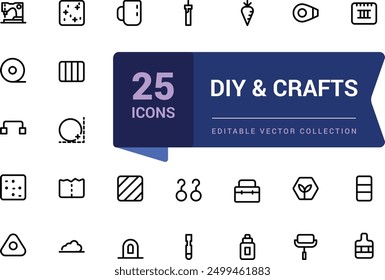 Conjunto de iconos de línea de bricolaje y manualidades. Conjunto de iconos de ui de Web lineal delgado minimalista. Ilustración de trazo de Vector editable simple.