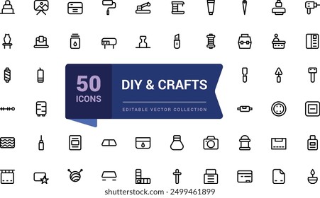 Conjunto de iconos de línea de bricolaje y manualidades. Conjunto de iconos de ui de Web lineal delgado minimalista. Ilustración de trazo de Vector editable simple.