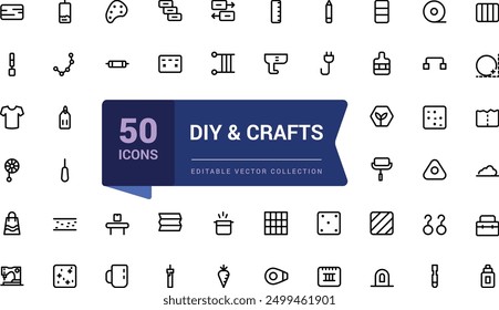 Conjunto de iconos de línea de bricolaje y manualidades. Conjunto de iconos de ui de Web lineal delgado minimalista. Ilustración de trazo de Vector editable simple.