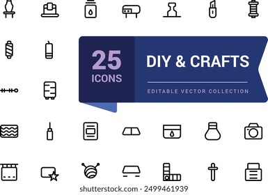 Conjunto de iconos de línea de bricolaje y manualidades. Conjunto de iconos de ui de Web lineal delgado minimalista. Ilustración de trazo de Vector editable simple.