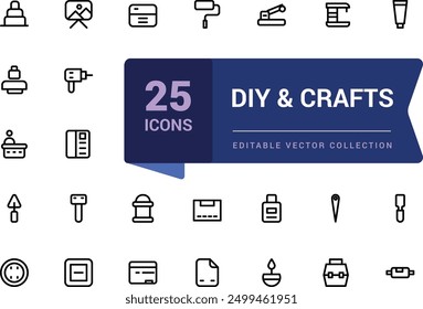 Conjunto de iconos de línea de bricolaje y manualidades. Conjunto de iconos de ui de Web lineal delgado minimalista. Ilustración de trazo de Vector editable simple.