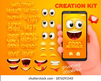 Diy creation kit. Yellow cartoon emoji character. Smartphone application template.. Vector illustration