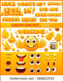 Diy creation kit. Yellow emoji cartoon character. Emoticon smile face. Vector collection