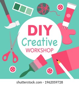 DIY creative workshop. Creative craft items- scissors, hammer, color paint, brush, yarn, paper. Do it yourself concept.