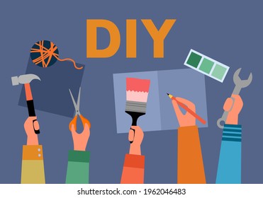 DIY creative workshop. Human hands holding creative craft items. Do it yourself concept.