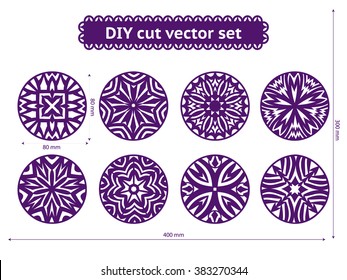 DIY cut vector set. Abstract ethnic circle designs useful for beverage coasters, laser cuts, engraving, DIY cut machines, plotter cutting, block printing,  hand craft projects. Layered for easy usage.