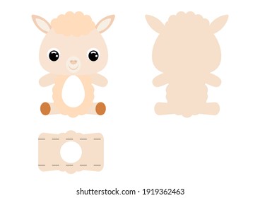 DIY cute alpaca chocolate egg holder template. Retail paper box for the easter egg. Printable color scheme. Laser cutting vector template. Isolated packaging design illustration.