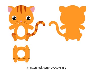 DIY cute cat chocolate egg holder template. Retail paper box for the easter egg. Printable color scheme. Laser cutting vector template. Isolated packaging design illustration.