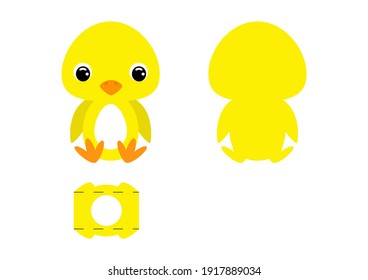 DIY cute chicken chocolate egg holder template. Retail paper box for the easter egg. Printable color scheme. Laser cutting vector template. Isolated packaging design illustration.