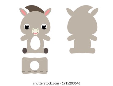 DIY cute donkey chocolate egg holder template. Retail paper box for the easter egg. Printable color scheme. Laser cutting vector template. Isolated packaging design illustration.