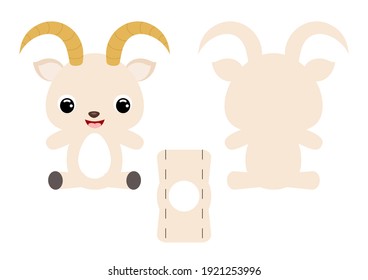 DIY cute goat chocolate egg holder template. Retail paper box for the easter egg. Printable color scheme. Laser cutting vector template. Isolated packaging design illustration.