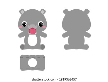 DIY cute hippo chocolate egg holder template. Retail paper box for the easter egg. Printable color scheme. Laser cutting vector template. Isolated packaging design illustration.