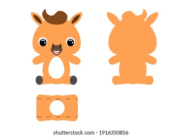 DIY cute horse chocolate egg holder template. Retail paper box for the easter egg. Printable color scheme. Laser cutting vector template. Isolated packaging design illustration.