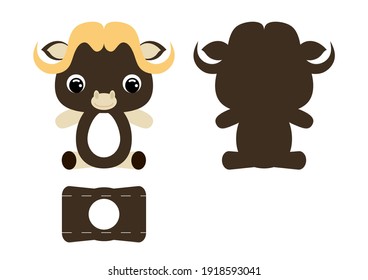 DIY cute musk-ox chocolate egg holder template. Retail paper box for the easter egg. Printable color scheme. Laser cutting vector template. Isolated packaging design illustration.