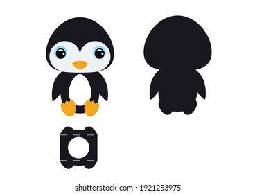 DIY lindo patrón de portahuevos de pingüino lindo. Caja de papel para el huevo de Pascua. Esquema de color imprimible. Plantilla vectorial de corte láser. Ilustración de diseño de embalajes aislados.