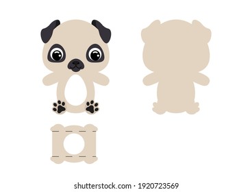 DIY cute pug dog chocolate egg holder template. Retail paper box for the easter egg. Printable color scheme. Laser cutting vector template. Isolated packaging design illustration.