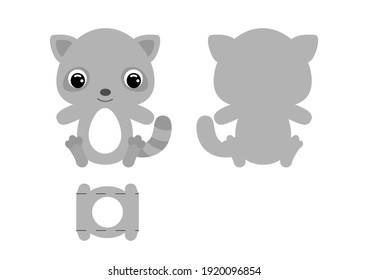 DIY cute raccoon  chocolate egg holder template. Retail paper box for the easter egg. Printable color scheme. Laser cutting vector template. Isolated packaging design illustration.