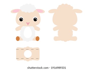 DIY cute sheep chocolate egg holder template. Retail paper box for the easter egg. Printable color scheme. Laser cutting vector template. Isolated packaging design illustration.