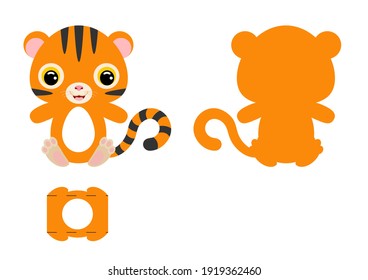 DIY cute tiger chocolate egg holder template. Retail paper box for the easter egg. Printable color scheme. Laser cutting vector template. Isolated packaging design illustration.