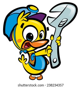 DIY Do it yourself friendly cartoon kid duck smiling character plumber holding a wrench trying to fix plumbing