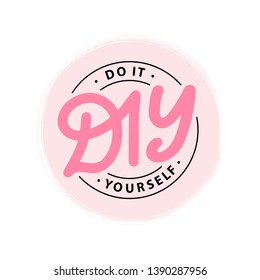 DIY Do It Yourself. Lettering Abbreviation Logo Circle Stamp. Vector Illustration. Round Template For Print Design Label, Badge Rubber Seal Stamp On White Background. Pink Color