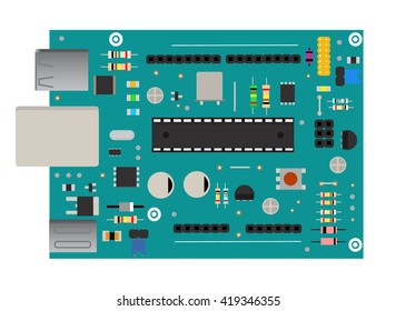 DIY electronic board with a micro-controller, LEDs, connectors, and other electronic components, to form the basic of smart home, robotic, and many other projects related to electronics
