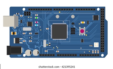 DIY electronic mega board with a micro-controller, LEDs, connectors, and other electronic components, to form the basic of smart home, robotic, and many other projects related to electronics. svg