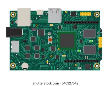 DIY electronic mega board with a micro-controller, LEDs, connectors, and other electronic components, to form the basic of smart home, robotic, and many other projects related to electronics. svg