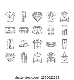 diy fashion fabric handmade icons set vector. clothes interior, accessories work, jeans homemade, luxury thread, trendy cloth diy fashion fabric handmade black contour illustrations