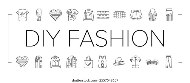 diy fashion fabric handmade icons set vector. clothes interior, accessories work, jeans homemade, luxury thread, trendy cloth diy fashion fabric handmade black contour illustrations