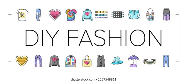 diy fashion fabric handmade icons set vector. clothes interior, accessories work, jeans homemade, luxury thread, trendy cloth diy fashion fabric handmade color line illustrations