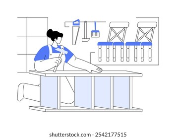 Muebles de bricolaje aislados Ilustraciones vectoriales de dibujos animados. La mujer hace la construcción de madera del bricolaje usando los instrumentos, la reparación de los muebles de la casa, la decoración moderna que crea, la historieta interior del Vector del hogar.