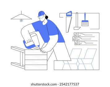 Muebles de bricolaje aislados Ilustraciones vectoriales de dibujos animados. Hombre trabajando con taladro para crear muebles caseros, tutorial de creación de mesas de madera DIY, pasatiempo favorito, dibujos animados de Vector de actividad práctica.