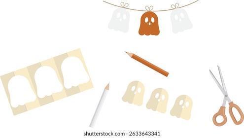 DIY Halloween Ghost Garland Crafting Supplies Illustration. handmade Halloween craft materials. Sustainable halloween concept. Eco-friendly holidays decorations. Flat style. Vector illustration
